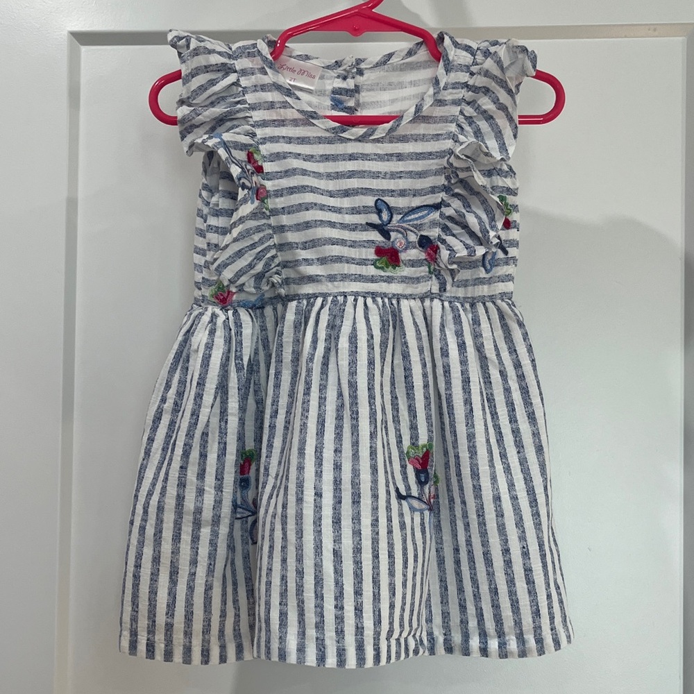 Little Miss Blue & White Striped Dress with Embroidered Floral Accents, Size 2T
